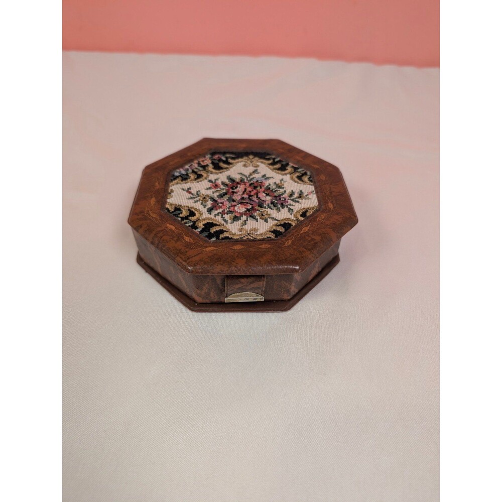 Vintage Octagon Embroidered Floral Jewelry Box with Mirror Brown